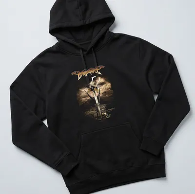 Vintage t-shirt featuring Dragonforce with a sword and shield illustration in gold and silver — printed on a unisex hoodie