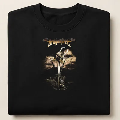 Vintage t-shirt featuring Dragonforce with a sword and shield illustration in gold and silver — printed on a unisex sweatshirt