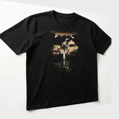 Vintage t-shirt featuring Dragonforce with a sword and shield illustration in gold and silver — printed on a unisex t-shirt (angled view)