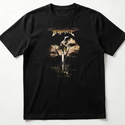 Vintage t-shirt featuring Dragonforce with a sword and shield illustration in gold and silver