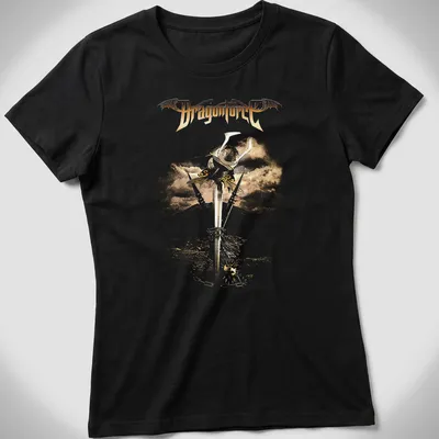 Vintage t-shirt featuring Dragonforce with a sword and shield illustration in gold and silver — printed on a women's shirt