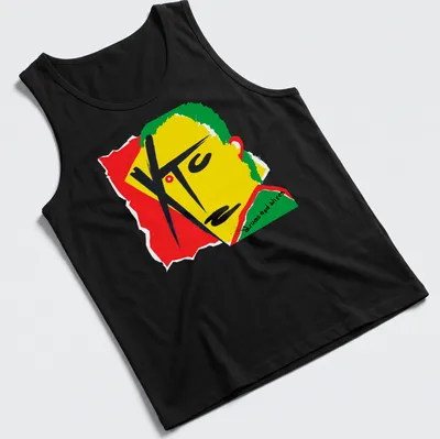 Colorful geometric abstract portrait with drums and wires text. — printed on a tank top