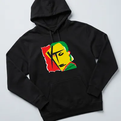 Colorful geometric abstract portrait with drums and wires text. — printed on a unisex hoodie