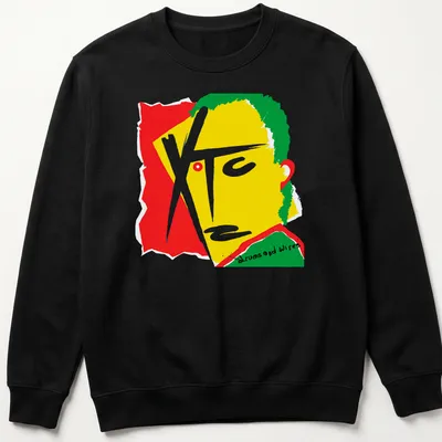 Colorful geometric abstract portrait with drums and wires text. — printed on a unisex sweatshirt