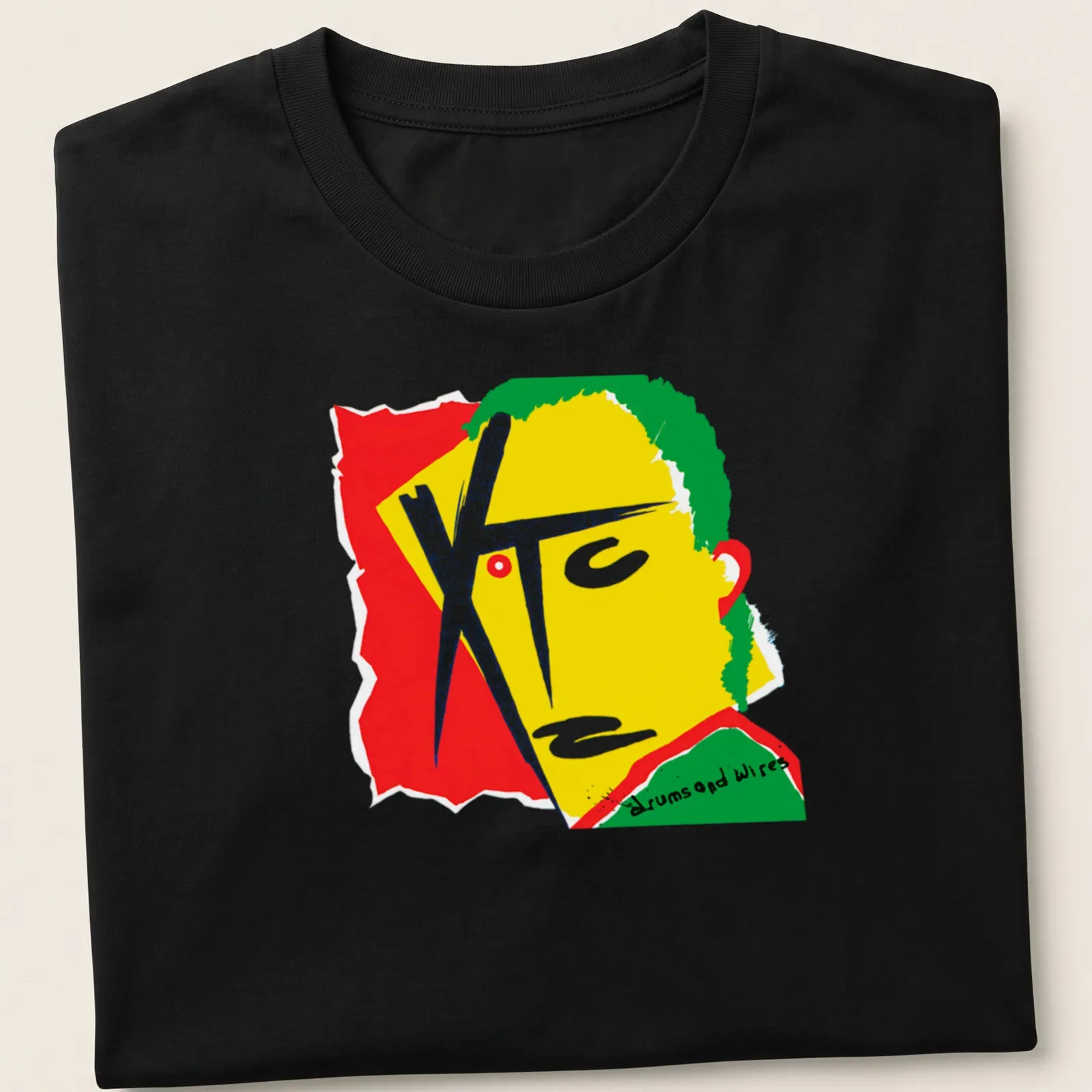 Colorful geometric abstract portrait with drums and wires text. — printed on a unisex t-shirt
