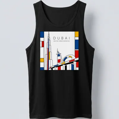 Dubai skyline with Burj Khalifa in Mondrian style colors — printed on a tank top