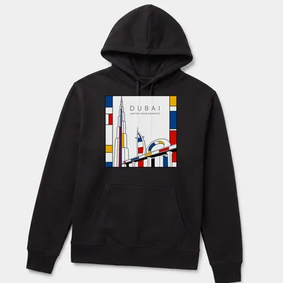 Dubai skyline with Burj Khalifa in Mondrian style colors — printed on a unisex hoodie