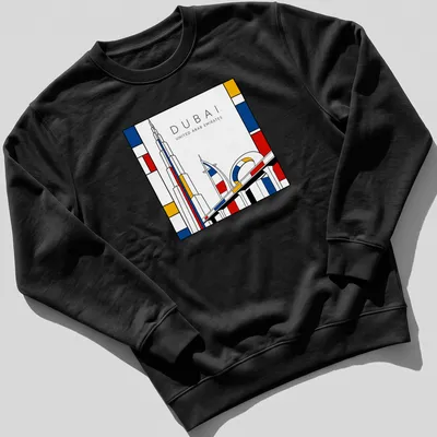 Dubai skyline with Burj Khalifa in Mondrian style colors — printed on a unisex sweatshirt