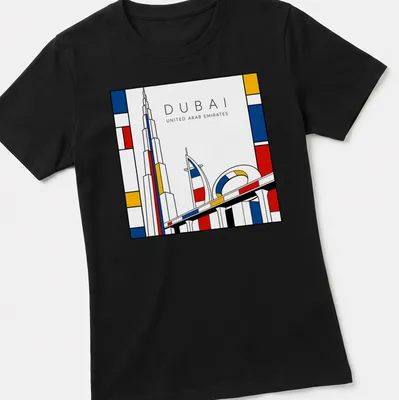 Dubai skyline with Burj Khalifa in Mondrian style colors — printed on a women's shirt