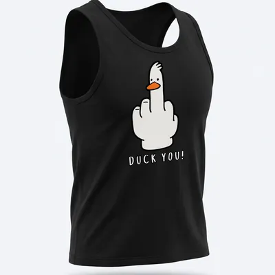 Cartoon goose gives a middle finger with 'Duck You!' text in a kawaii style — printed on a tank top