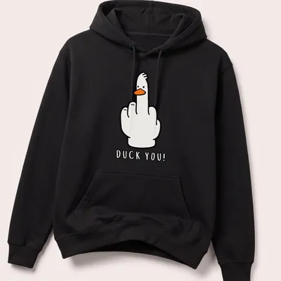Cartoon goose gives a middle finger with 'Duck You!' text in a kawaii style — printed on a unisex hoodie