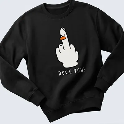 Cartoon goose gives a middle finger with 'Duck You!' text in a kawaii style — printed on a unisex sweatshirt
