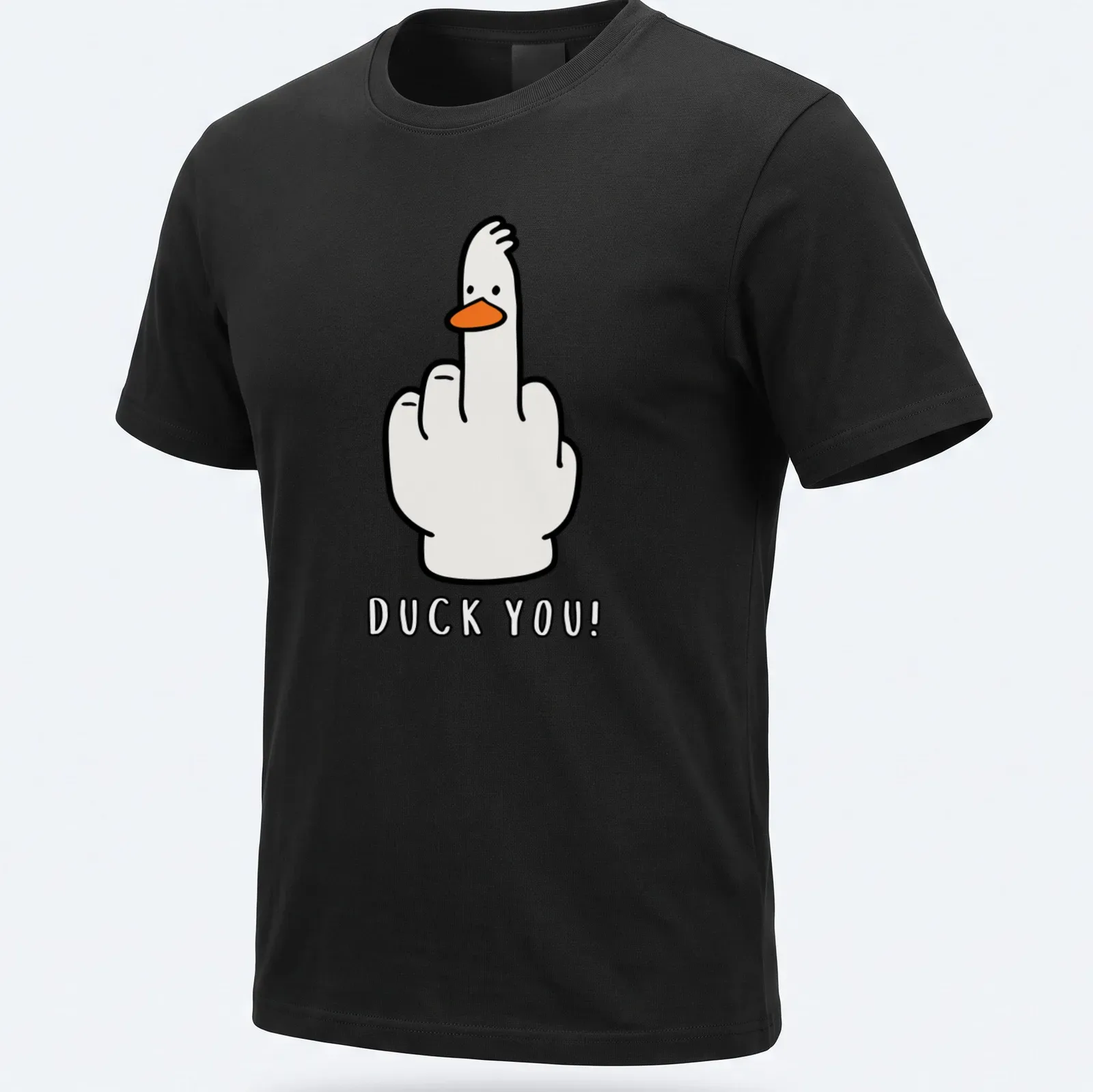 Cartoon goose gives a middle finger with 'Duck You!' text in a kawaii style — printed on a unisex t-shirt