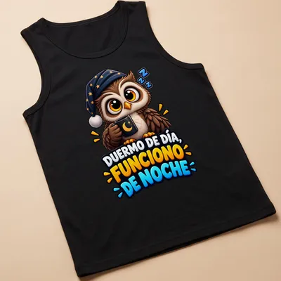 Cartoon owl in a nightcap with the text 'Duermo De Día, Funciono De Noche' — printed on a tank top