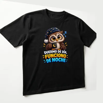 Cartoon owl in a nightcap with the text 'Duermo De Día, Funciono De Noche' — printed on a unisex t-shirt (angled view)