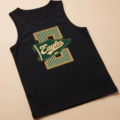 Retro pennant design featuring the word Eagles in green, gold, and cream — printed on a tank top