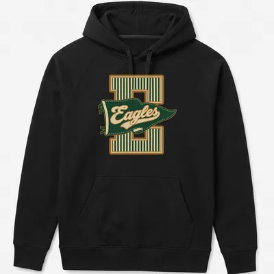 Retro pennant design featuring the word Eagles in green, gold, and cream — printed on a unisex hoodie