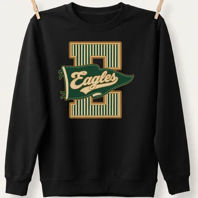 Retro pennant design featuring the word Eagles in green, gold, and cream — printed on a unisex sweatshirt