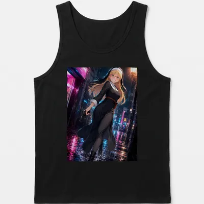 Anime illustration of a female character in black dress holding a gun in neon rain — printed on a tank top