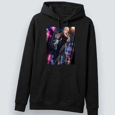 Anime illustration of a female character in black dress holding a gun in neon rain — printed on a unisex hoodie