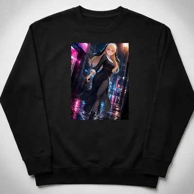 Anime illustration of a female character in black dress holding a gun in neon rain — printed on a unisex sweatshirt
