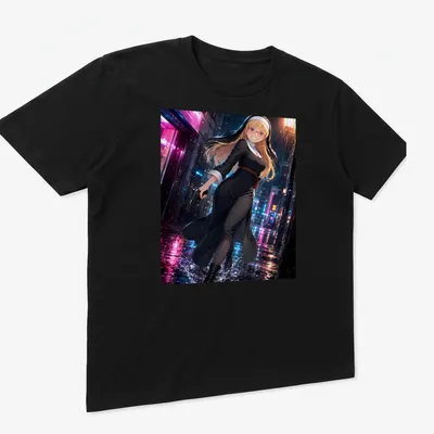 Anime illustration of a female character in black dress holding a gun in neon rain — printed on a unisex t-shirt (angled view)