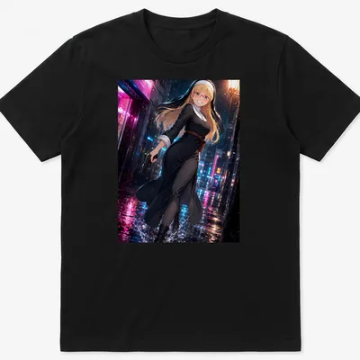 Anime illustration of a female character in black dress holding a gun in neon rain