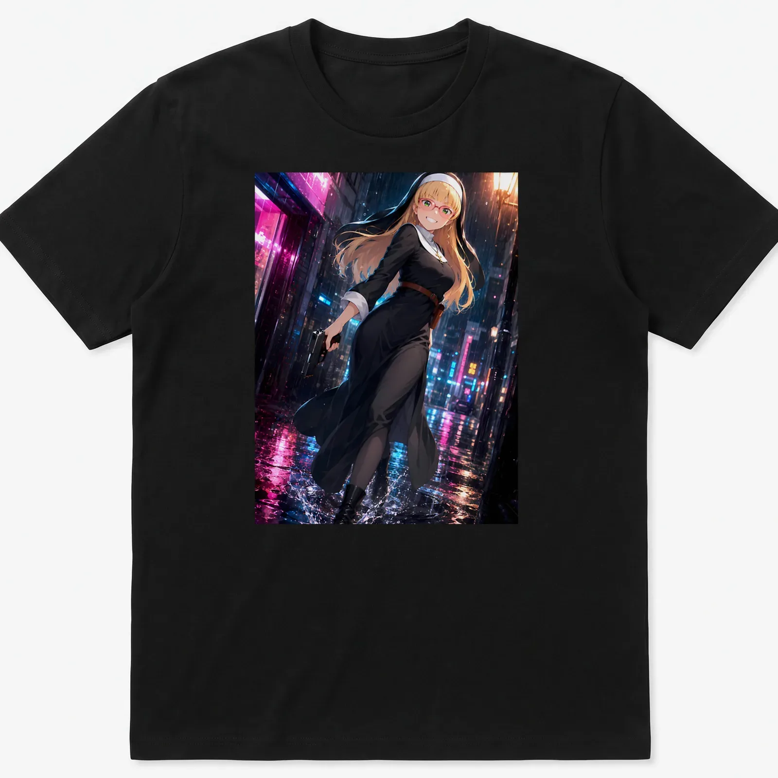Anime illustration of a female character in black dress holding a gun in neon rain — printed on a unisex t-shirt
