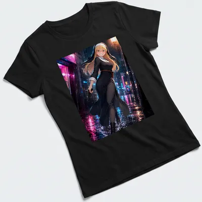 Anime illustration of a female character in black dress holding a gun in neon rain — printed on a women's shirt