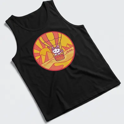 Kawaii style design of a cat in a hot air balloon surrounded by a colorful landscape — printed on a tank top