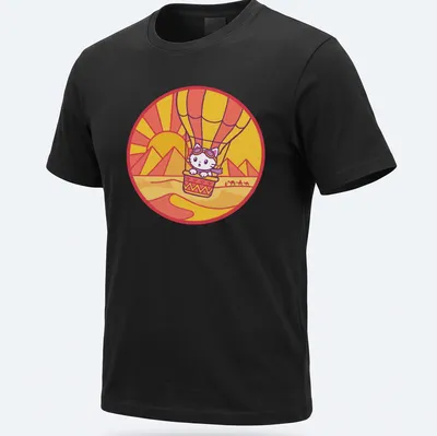 Kawaii style design of a cat in a hot air balloon surrounded by a colorful landscape
