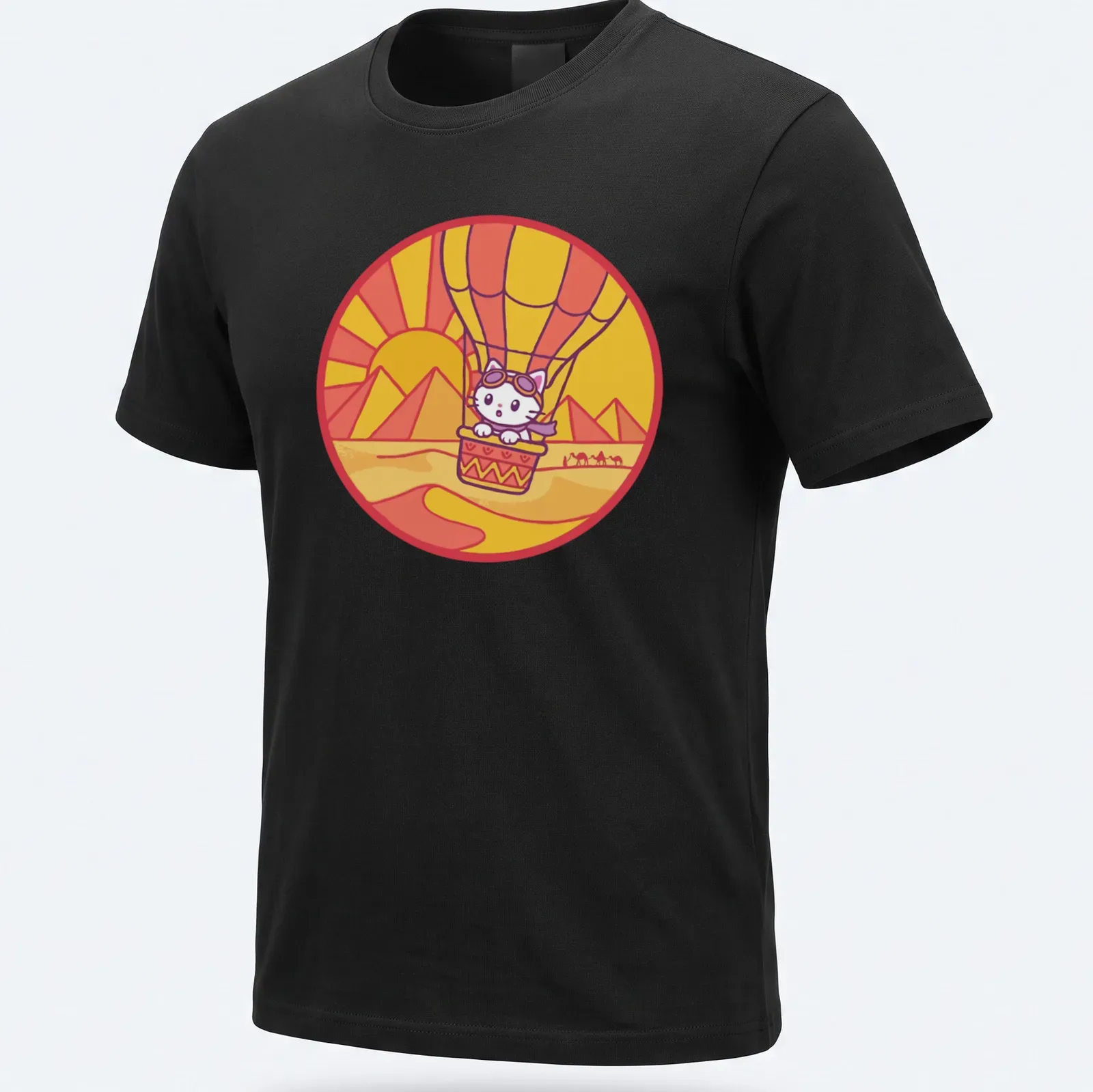 Kawaii style design of a cat in a hot air balloon surrounded by a colorful landscape — printed on a unisex t-shirt