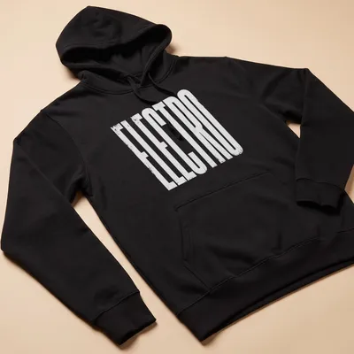 Grungy white 'ELECTRO' text t-shirt designed for music lovers — printed on a unisex hoodie