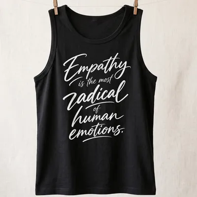 White typography on a shirt stating 'Empathy is the most radical of human emotions.' — printed on a tank top