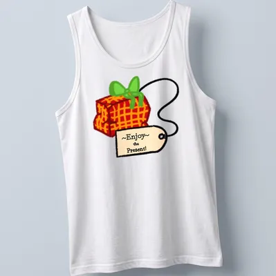Playful cartoon gift box with colorful accents and the phrase ~Enjoy~ the Present! — printed on a tank top