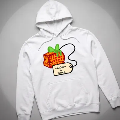 Playful cartoon gift box with colorful accents and the phrase ~Enjoy~ the Present! — printed on a unisex hoodie
