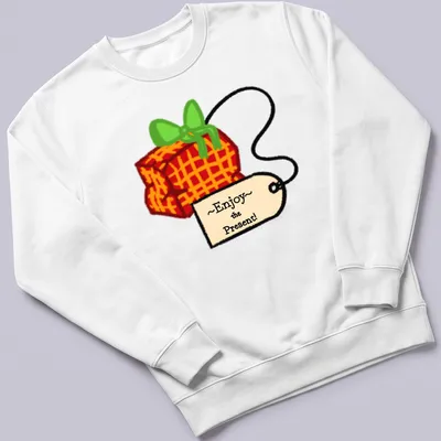 Playful cartoon gift box with colorful accents and the phrase ~Enjoy~ the Present! — printed on a unisex sweatshirt