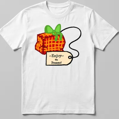 Playful cartoon gift box with colorful accents and the phrase ~Enjoy~ the Present!