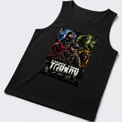 Bold graphic t-shirt featuring military characters from Escape From Tarkov. — printed on a tank top
