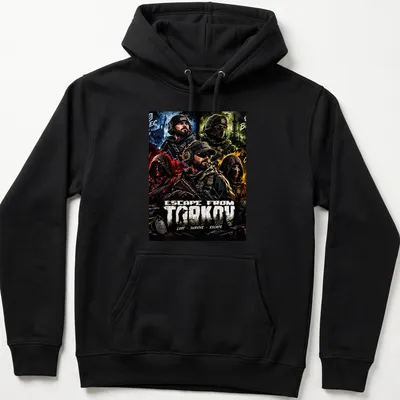 Bold graphic t-shirt featuring military characters from Escape From Tarkov. — printed on a unisex hoodie