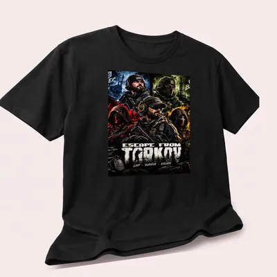 Bold graphic t-shirt featuring military characters from Escape From Tarkov. — printed on a unisex t-shirt (angled view)