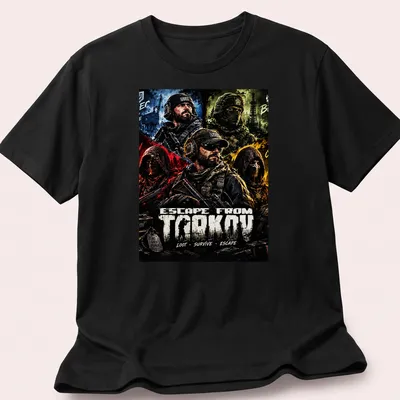 Bold graphic t-shirt featuring military characters from Escape From Tarkov.