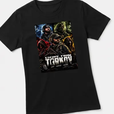 Bold graphic t-shirt featuring military characters from Escape From Tarkov. — printed on a women's shirt
