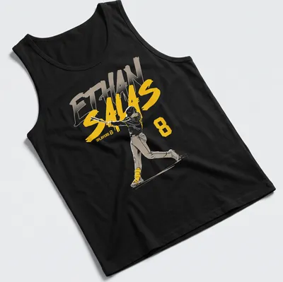 Dynamic action print of a baseball player swinging with Ethan Salas 8 text — printed on a tank top