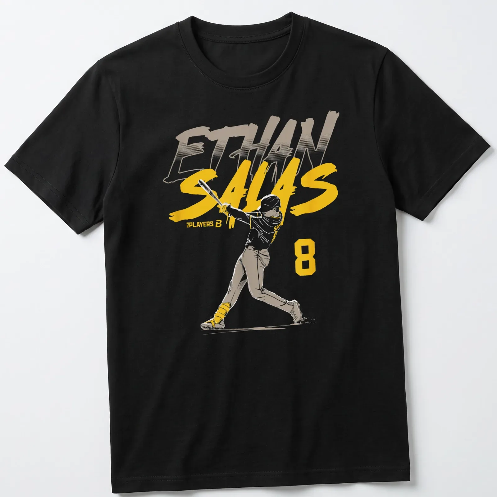Dynamic action print of a baseball player swinging with Ethan Salas 8 text — printed on a unisex t-shirt