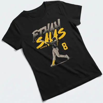 Dynamic action print of a baseball player swinging with Ethan Salas 8 text — printed on a women's shirt