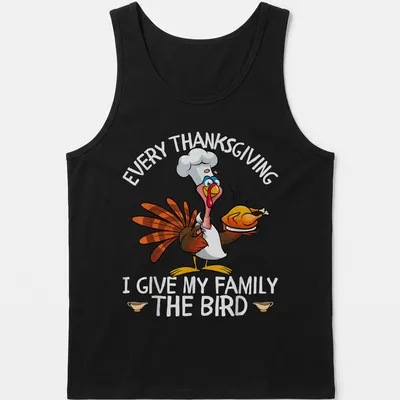 Colorful cartoon of a turkey chef with humor for Thanksgiving — printed on a tank top