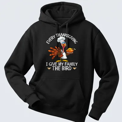 Colorful cartoon of a turkey chef with humor for Thanksgiving — printed on a unisex hoodie