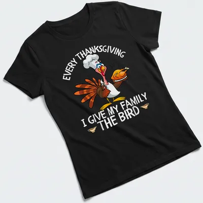 Colorful cartoon of a turkey chef with humor for Thanksgiving — printed on a women's shirt