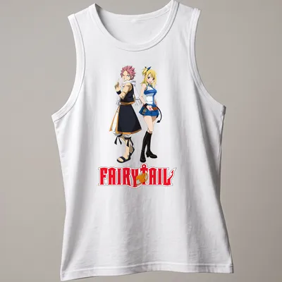 Illustration of Natsu and Lucy from Fairy Tail with bold text above — printed on a tank top